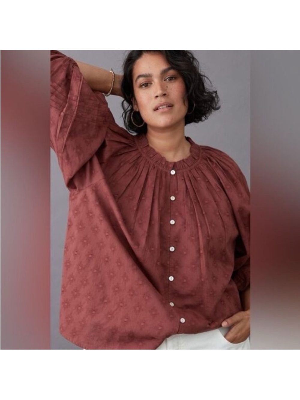 Anthropologie Cleobella Antonia Blouse Medium Rust Puff Sleeve Boho Cotton Top